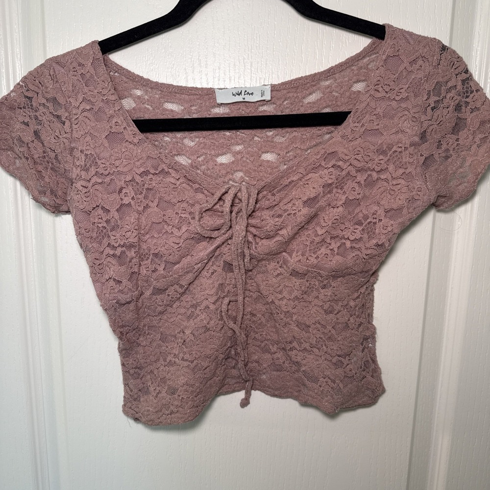 Wild Love Mauve Lace Tie Front Crop Top M Sheer Coquette Cap Sleeve